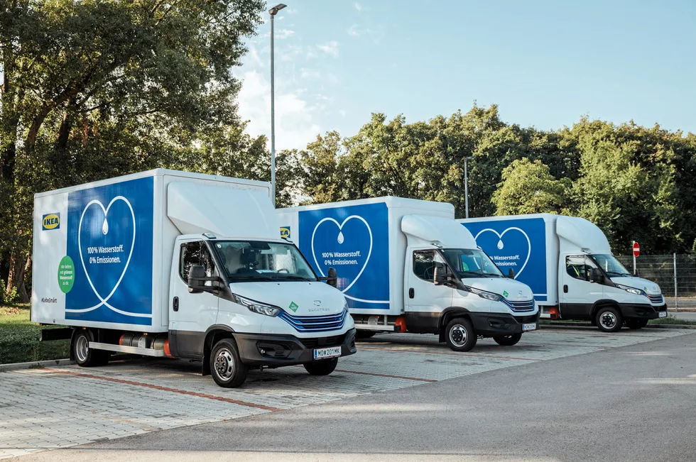 Three of the five hydrogen trucks introduced by Ikea in Austria.