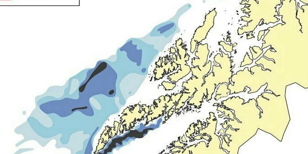 SKREIKART: Den aller kraftigste registreringen av skrei ble gjort ved Røst med ei skreiflo som var mindre enn ei halv nautisk mil brei nokså nært land, skriver havforsker Knut Korsbrekke i en oppsummering av årets skreitokt.