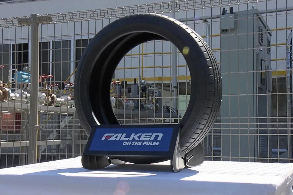 A Falken-brand tyre produced using hydrogen by Sumitomo Rubber Industries in Shirakawa City, Fukushima prefecture, Japan.