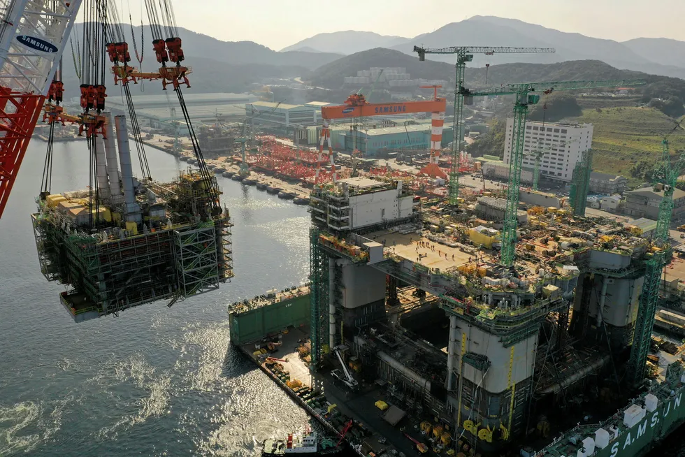 Progress: the generation module being lifted onto the Argos platform at Samsung Heavy Industries in South Korea for the Mad Dog 2 field development