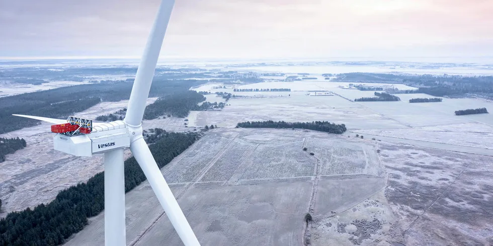The first Vestas V236-15.0MW wind turbine stands completed on a frosty morning in December 2022, at the Østerild Wind Turbine Test Center in Northern Jutland, Denmark.