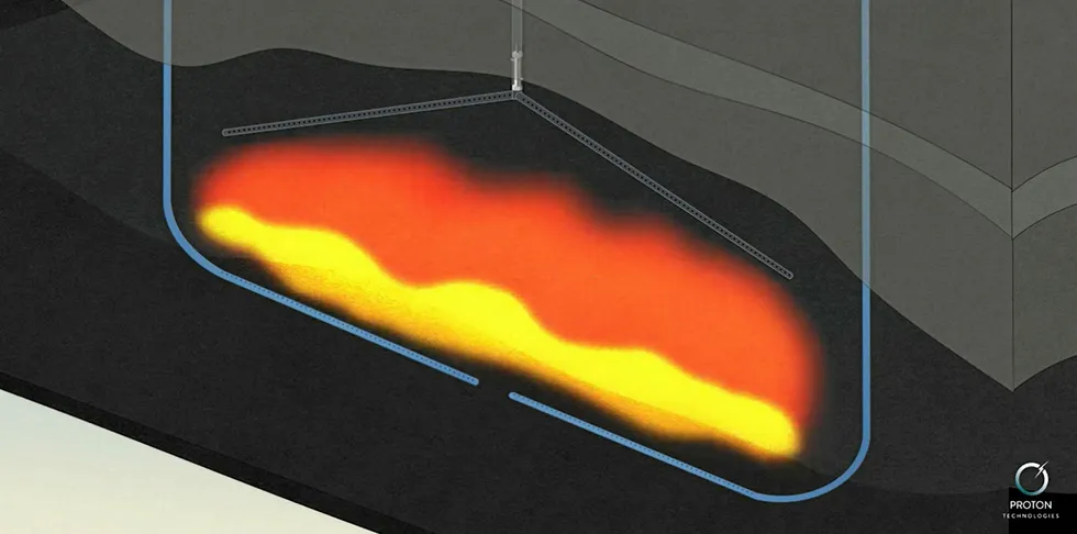 Still from a Proton Technologies promotional video showing the underground fire and the patented palladium-alloy membranes above it that would extract the hydrogen and leave the CO2 and other impurities behind.