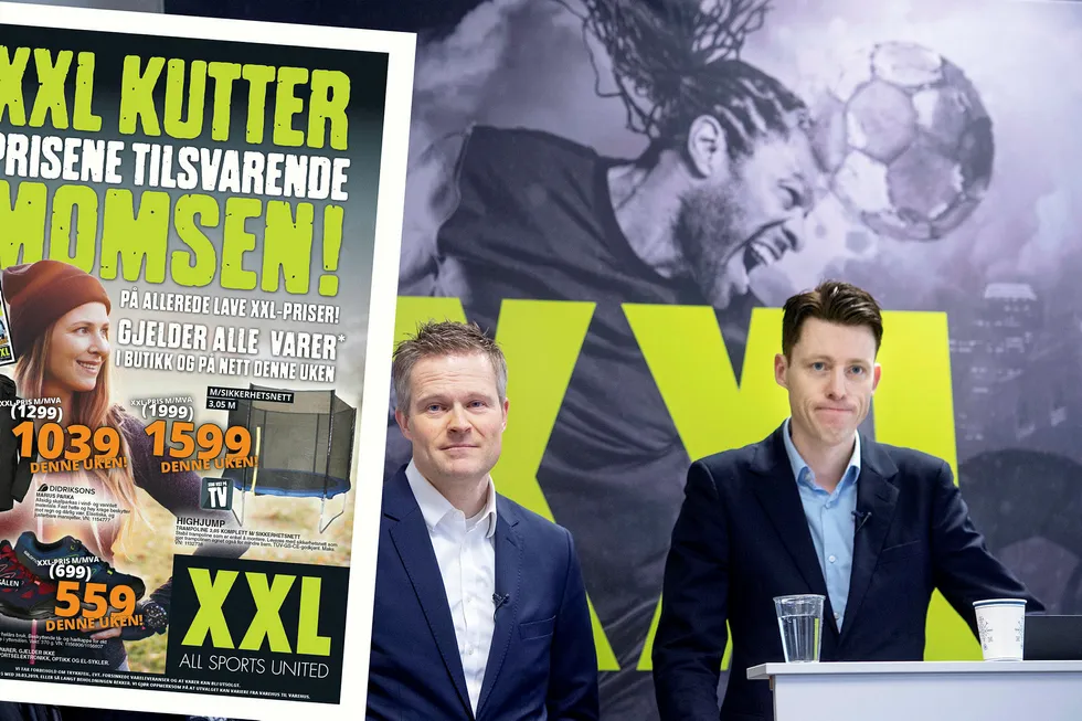 Finansdirektør Stein Eriksen (til venstre) og administrerende direktør Tolle Grøterud i XXL har fått Forbrukertilsynet på nakken etter en reklamekampanje.