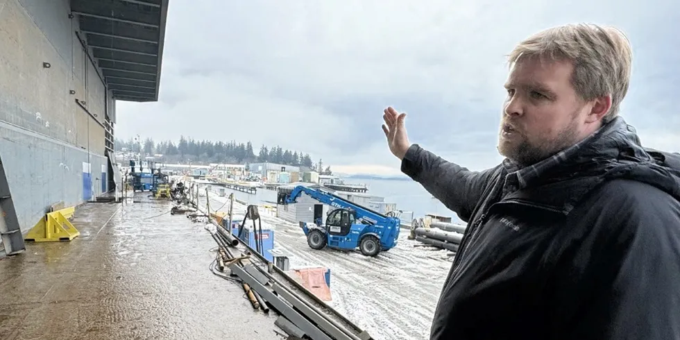 Northline Seafoods CEO Ben Blakey on the deck of floating processing barge Hannah in Bellingham, Washington.
