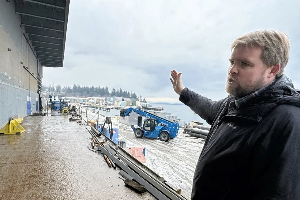 Northline Seafoods CEO Ben Blakey on the deck of floating processing barge Hannah in Bellingham, Washington.