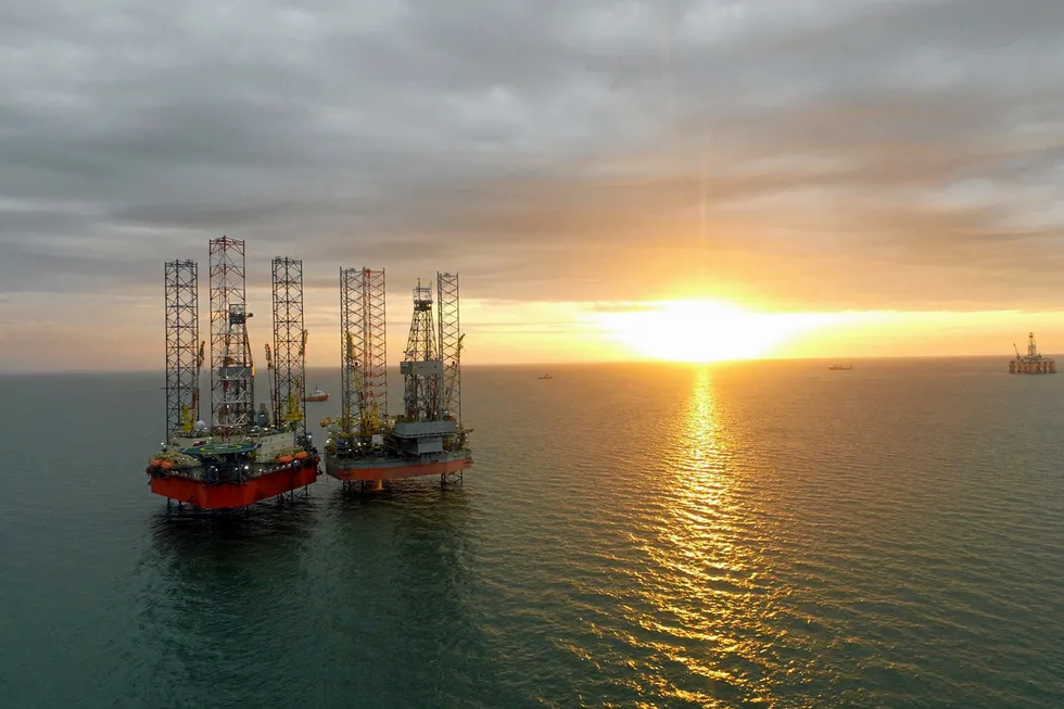 Part of the fleet: two of Velesto's jack-up drilling rigs