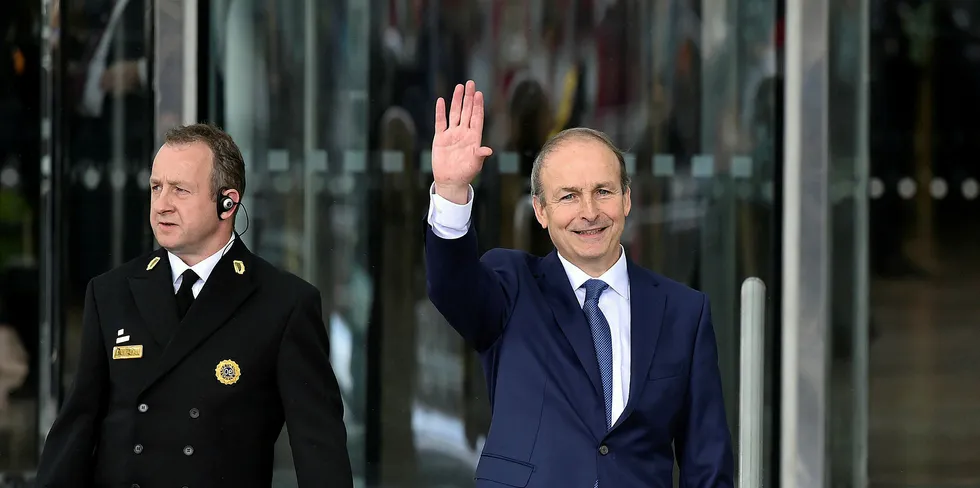 Fianna Fail leader Micheal Martin waves to the gathered media after being elected Taoiseach at the Convention Centre on June 27, 2020 in Dublin, Ireland.