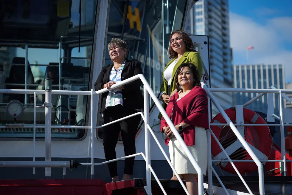 Eva Clayton, President of the Nisga'a Lisims government (left), stands alongside Haisla Nation Chief Councillor Crystal Smith (back right) and Karen Ogen-Toews (front right), chief executive of the First Nations LNG Alliance and former chief of the Wet'suwet'en First Nation, pose outside the LNG 2023 conference, in Vancouver, Canada in July 2023.
