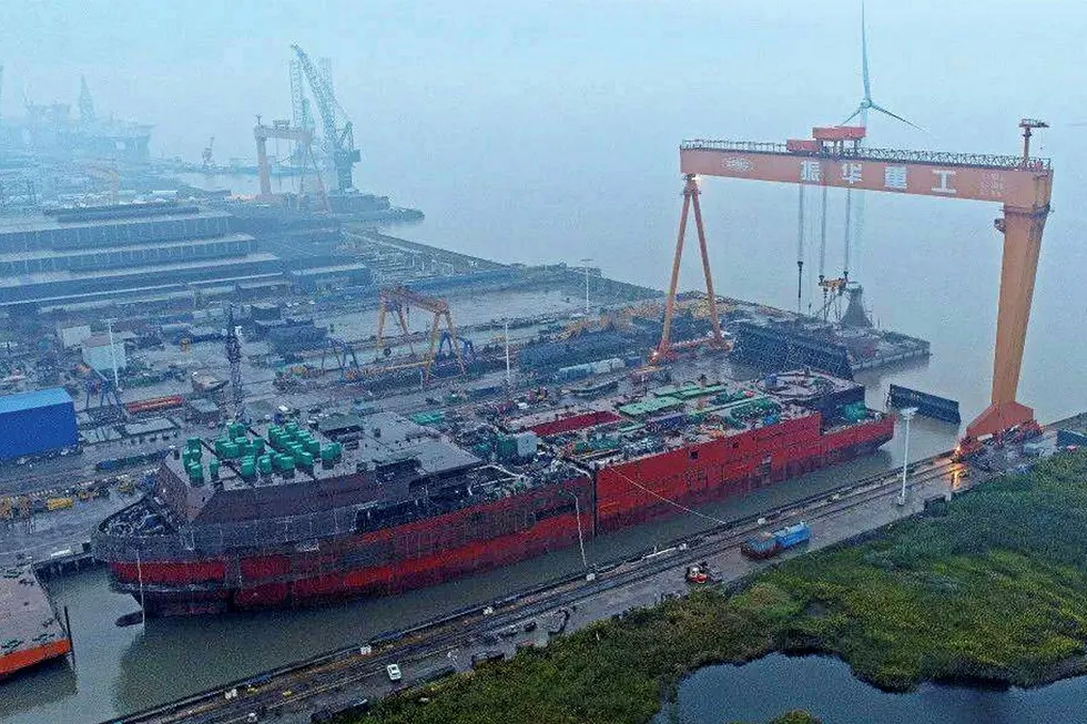 Construction: the JSD 6000 deep-water multi-purpose vessel last week at ZPMC’s facility in Qidong