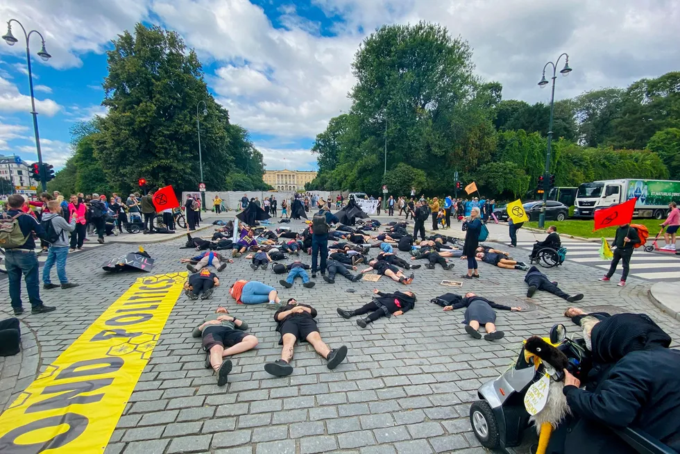 Aktivister fra Extinction Rebellion la seg på gaten foran Slottet i Oslo onsdag.