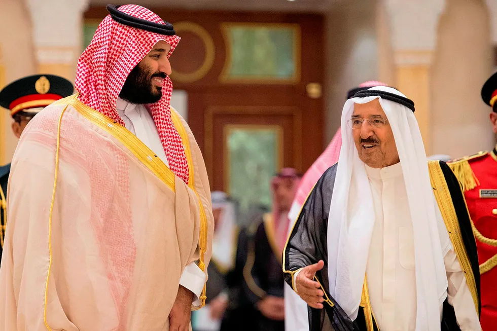 Kuwait Emir: Emir of Kuwait, Sheikh Sabah al Ahmad al Jaber al-Sabah (right), welcoming Saudi Crown Prince, Mohammad bin Salman