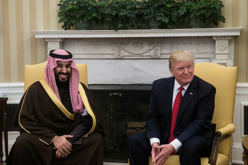President Donald Trump og Saudi-Arabias visekronprins og forsvarsminister snakker med pressen i Det ovale kontor tirsdag. Foto: Nicholas Kamm/AFP photo/NTB scanpix