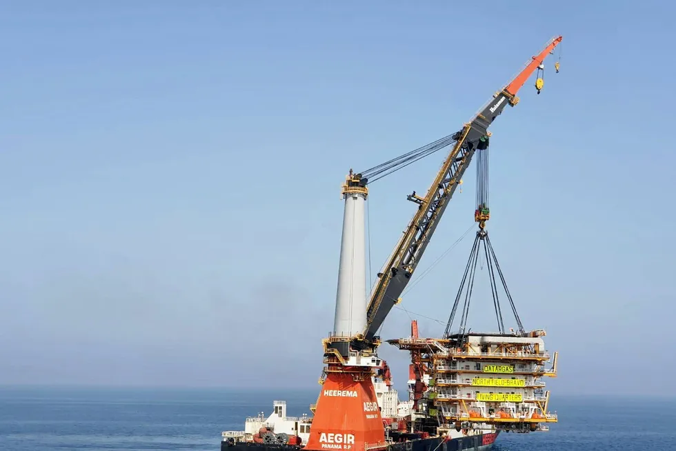 Previous assignment: the Aegir heavy-lift vessel installing the expanded living quarters at North Field Bravo off Qatar