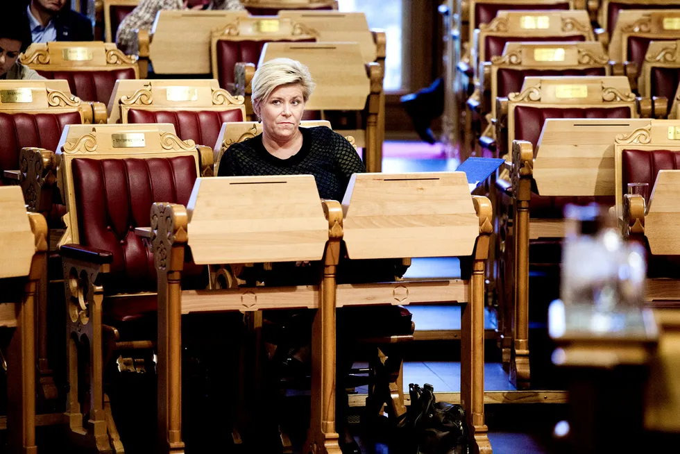 Finansminister Siv Jensen (Frp) under en tidligere spørretime på Stortinget. Foto: Adrian Nielsen
