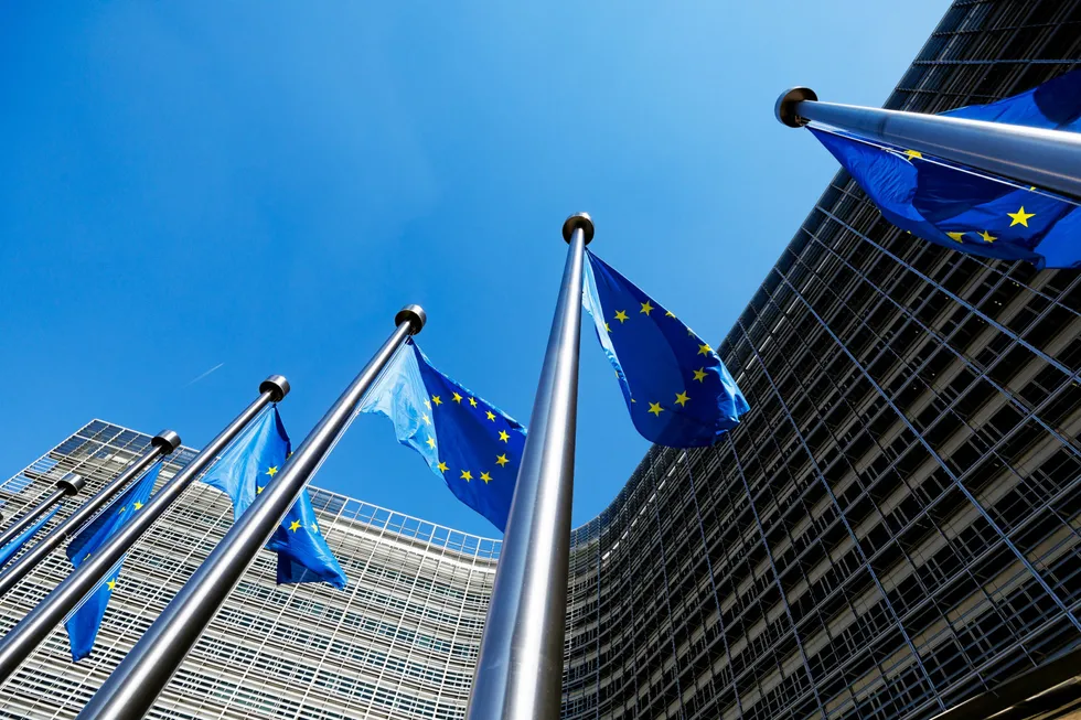 European flags in front of the Berlaymont building, headquarters of the European Commission in Brussels, Belgium . EU flags outside European Commission headquarters in Brussels.