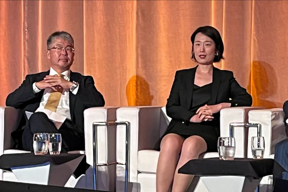 LNG2023 panel: Atsunori Takeuchi (left), executive officer and senior general manager of Tokyo Gas’ LNG business department, shares the stage with Xi Nan, senior vice president, gas and LNG markets at Rystad Energy.