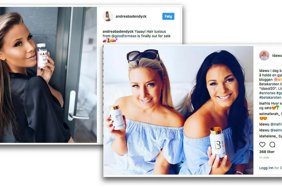 Toppbloggerne Andrea Badendyck (fra venstre), Ida Wulff og Kristina Andersen har til sammen 277.000 følgere på Instagram. Her reklamerer de ofte for betakarotenpiller fra Good for Me.