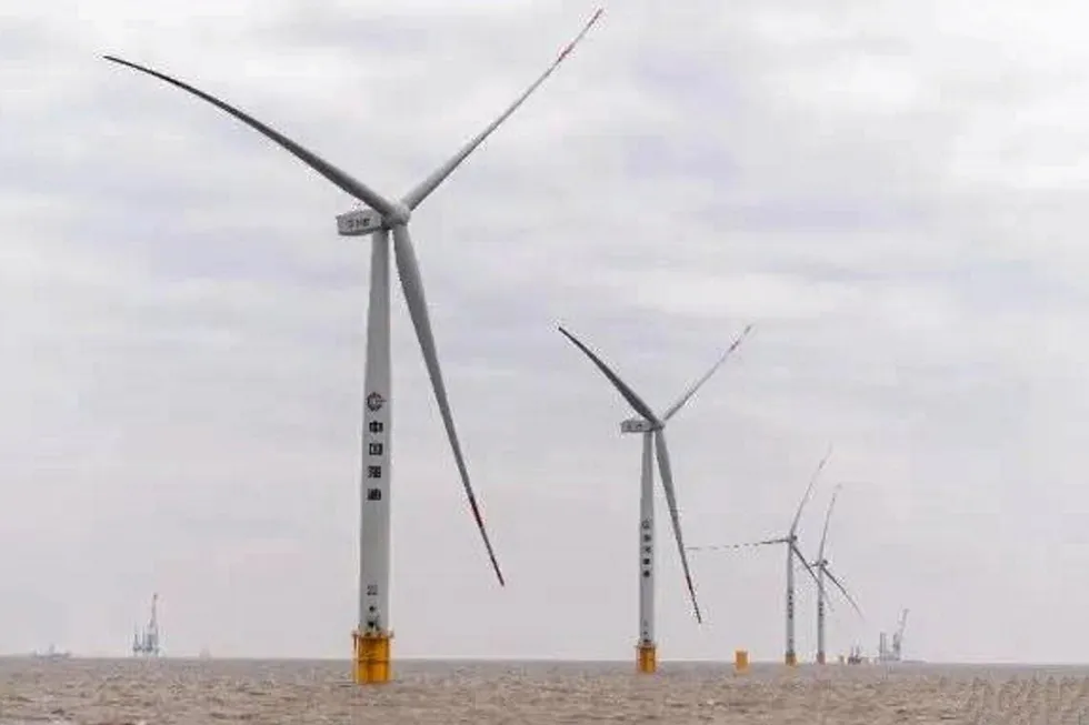 An offshore wind farm operated by China National Offshore Oil Corporation in eastern China's Jiangsu province