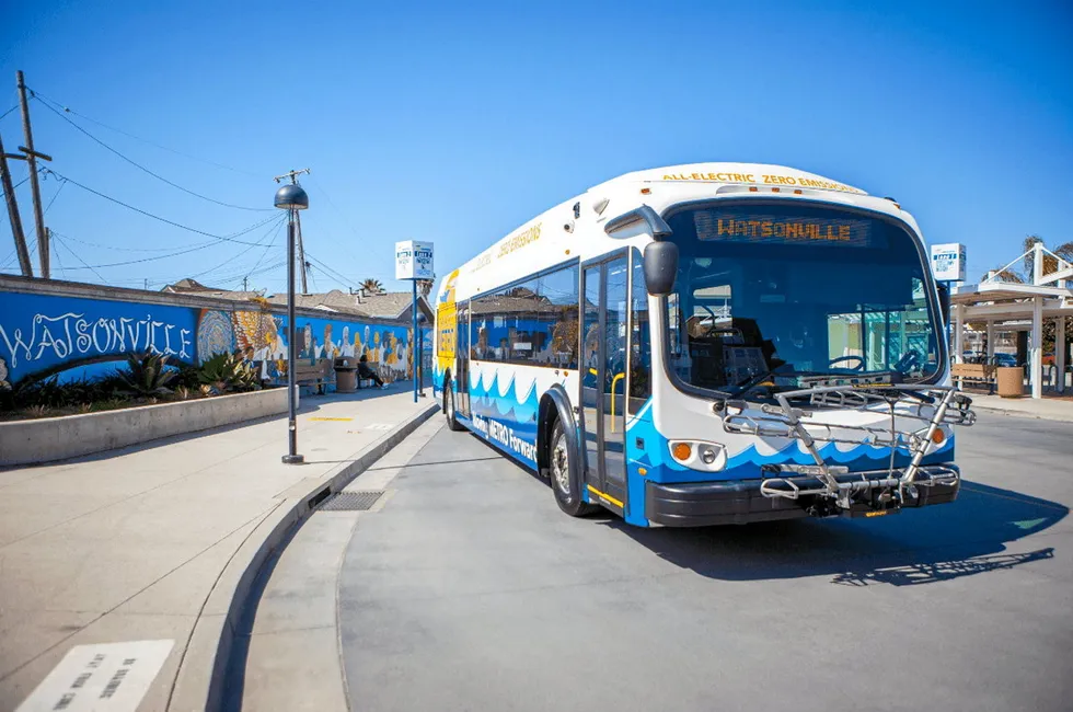 An electric bus operated by Santa Cruz Metro in the city of Watsonville, where the agency wants to build a hydrogen filling station.