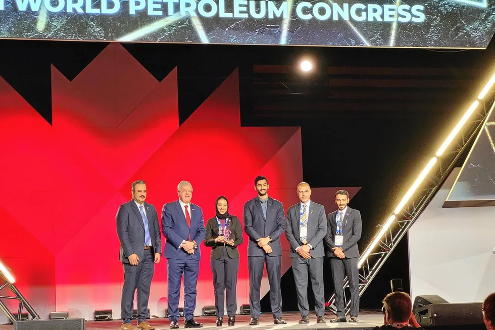 WPC President Pedro Miras, second from left, presents the WPC Excellence Award for Gender and Inclusion to Bahrain Petroleum Company (BAPCO) for its Women of Tomorrow programme in Bahrain.