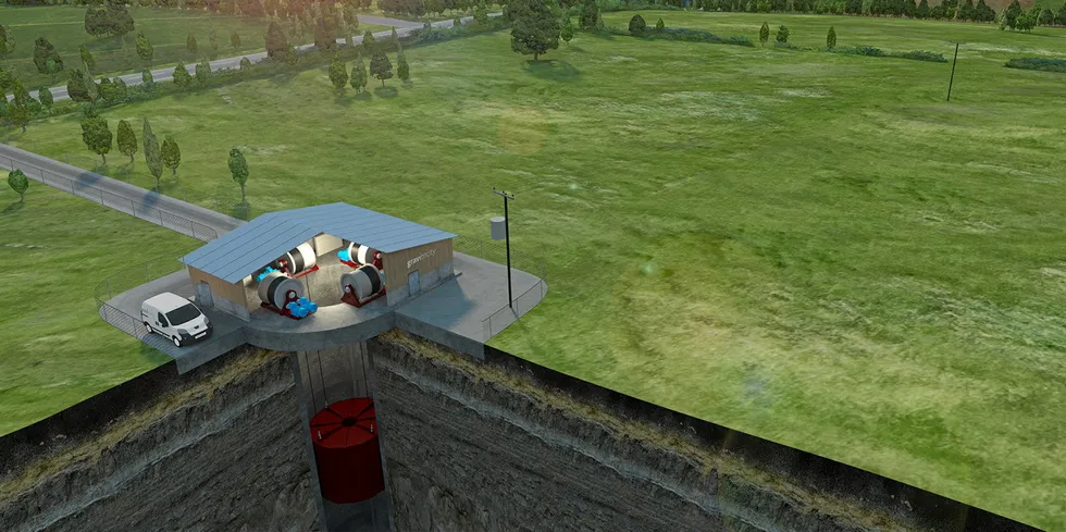 Rendering of a Gravitricity system in a mine shaft.