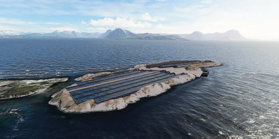 Omtrent slik skal anlegget til Gigante Salmon i Rødøy kommune sør for Bodø se ut når det står ferdig. Byggingen pågår nå for fullt, og produksjonsstart er ventet å skje i september.