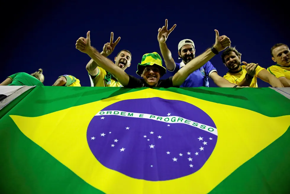 Happy Brazilians: holding the national flag