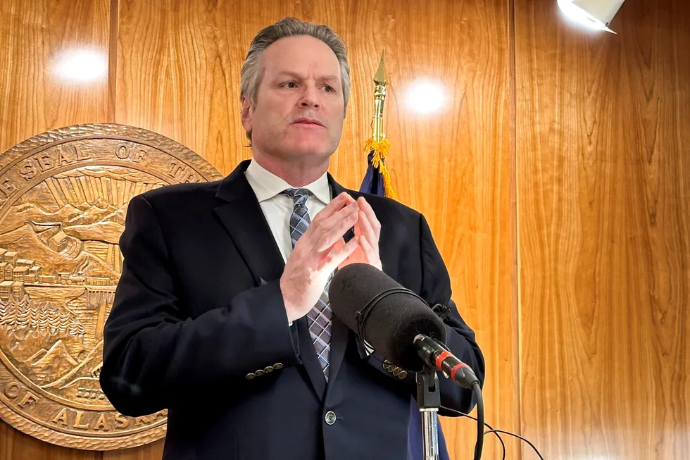 Alaska Republican Gov. Mike Dunleavy speaks to reporters during a news conference Wednesday, 7 February, 2024, in Juneau, Alaska.