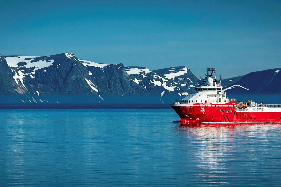New contract: EMGS, here represented by the EM survey vessel BOA Thalassa sailing by snow-capped mountains near Hammerfest.