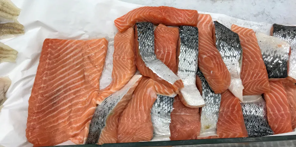 Norwegian salmon on sale at Carrefour in Nice, France.