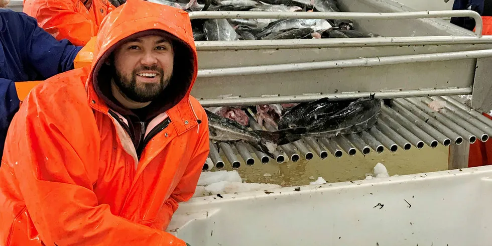 GOD STEMNING: Her leverer «Ringskjær Nord» sei ved mottaket i Lødingen. Fra venstre bryggeleder Marzena Mazur sammen med fiskerne Lars Lie, Rapal Wawrzyniak og medskipper og medreder Thomas Nygård. Lørdag var en hektisk dag med 19 tonn rund sei gjennom sløyelinja.