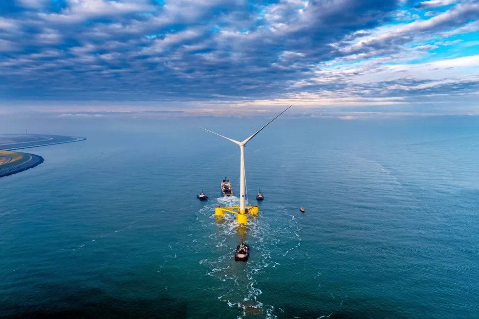 Afloat: A Principle Power WindFloat floating wind unit being towed to the site of the ACS Cobra Kincardine project off Scotland in 2021