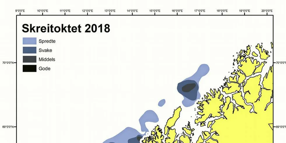 SKREI: Årets skreikart viser fordelingen av ekkoloddregistreringer. De kraftigste registreringen ble gjort ved Røst ikke så langt fra forskernes rekordhøye håvtrekk av torskeegg.Foto: Havforskningsinstituttet