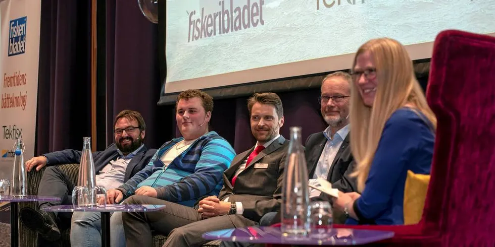 Egil Sandvik (fra v.), Jacob Heløy, Geir Larsen, Børge Arvesen og Camilla Aadland. Trondheim: Nor-Fishing 2018, Fiskeribladets lunsjkonferanse.Foto: Lena Knutli