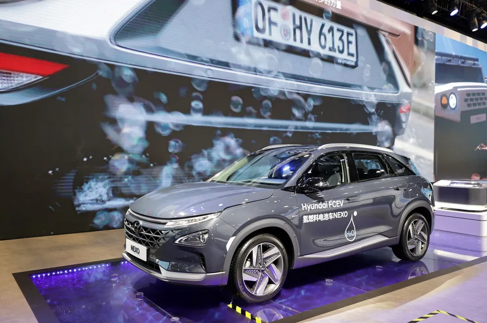 A Hyundai Nexo hydrogen on display during a Chinese vehicle convention in 2021.