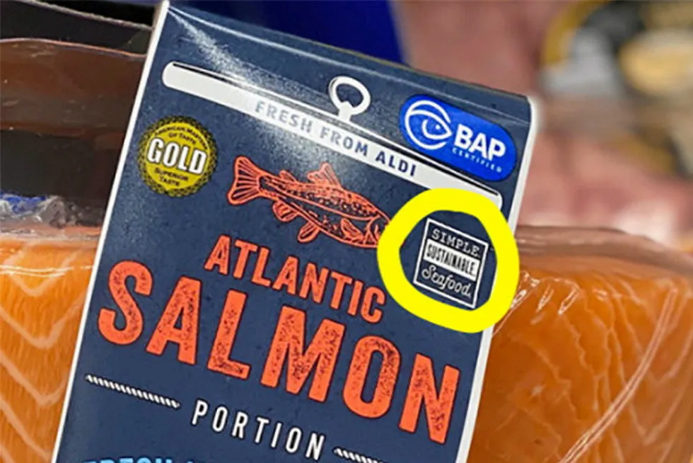 A GMO Free USA image of an Aldi package of farmed salmon. The group claims the retailer is falsely advertising the products as sustainable.