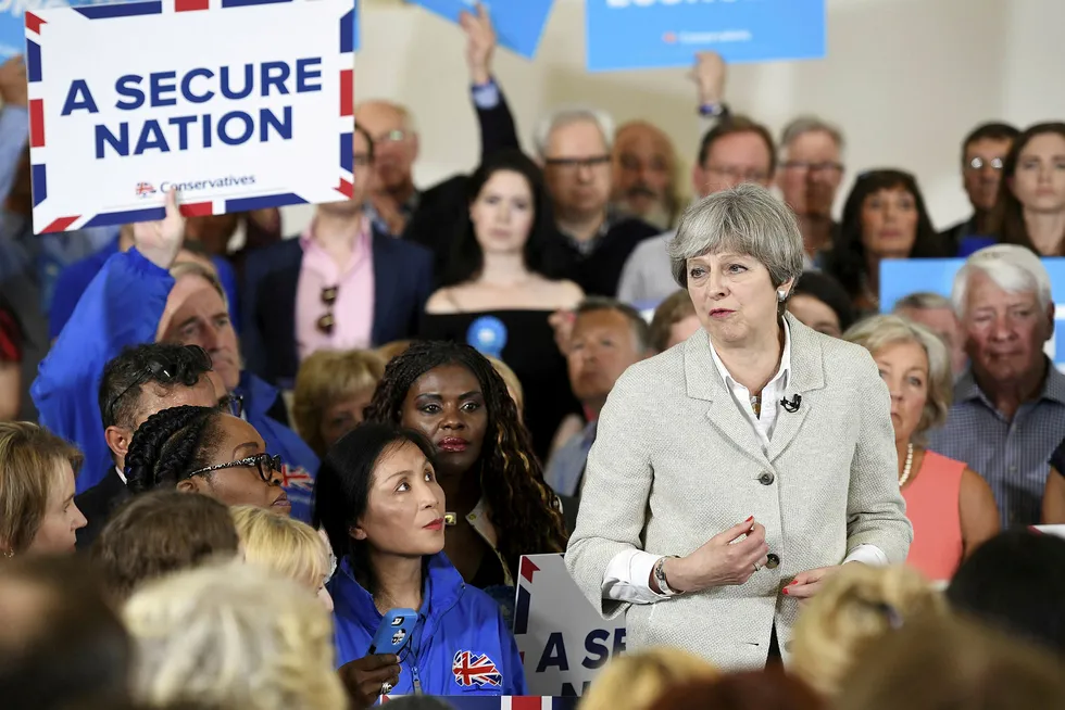 Storbritannias statsminister Theresa May på et valgkamparrangement i Twickenham, London 29. mai. Foto: REUTERS/Leon Neal/Pool/File Photo/NTB Scanpix