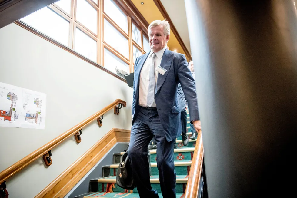 Tor Olav Trøim under Pareto-konferansen der han presentere sitt riggselskap Borr Drilling og rederiet Golar LNG i 2018.