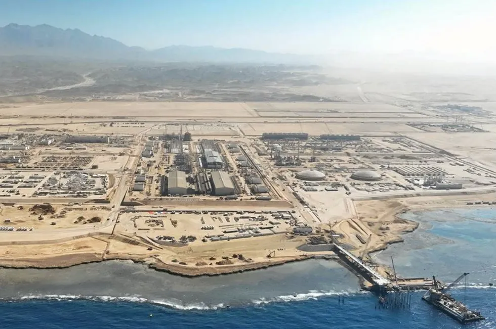 An aerial photograph of construction on the Neom green hydrogen and ammonia complex, included in Air Products' quarterly results presentation on 7 November 2024.