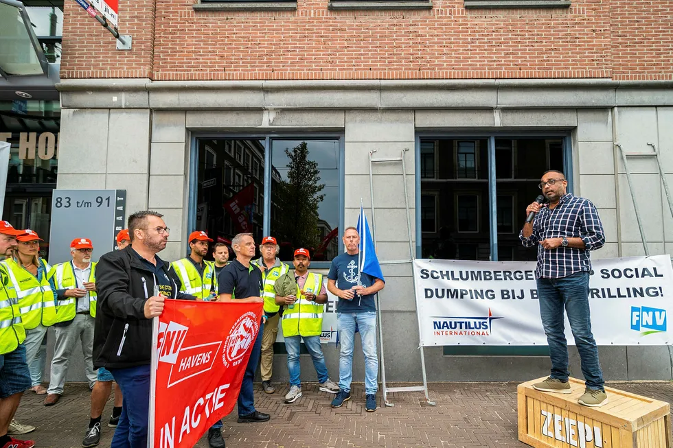 Jobs on the line: offshore workers and members of the Nautilus union protest this week outside the office in The Hague of major Borr shareholder Schlumberger