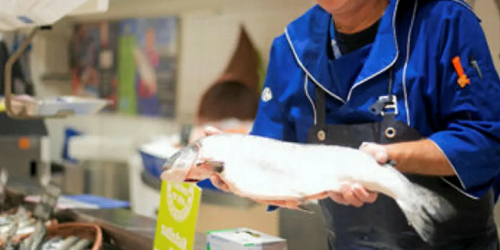 A fish counter at French retailer Carrefour. Farmed salmon has taken a hit from foodservice disruptions, but the boom in retail is poised to benefit the fish dramatically, says one analyst.