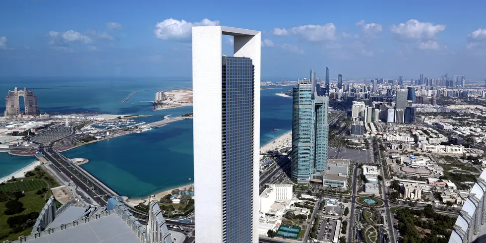 A skyline view of Abu Dhabi, United Arab Emirates.