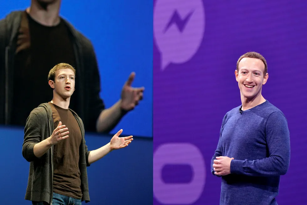 Mark Zuckerberg grunnla Facebook i 2004. Bildene er fra 2008 (til venstre) og 2018 og brukt i forbindelse med Facebooks 10 Years Challenge, hvor brukere postet to bilder av seg selv tatt med ti års mellomrom.