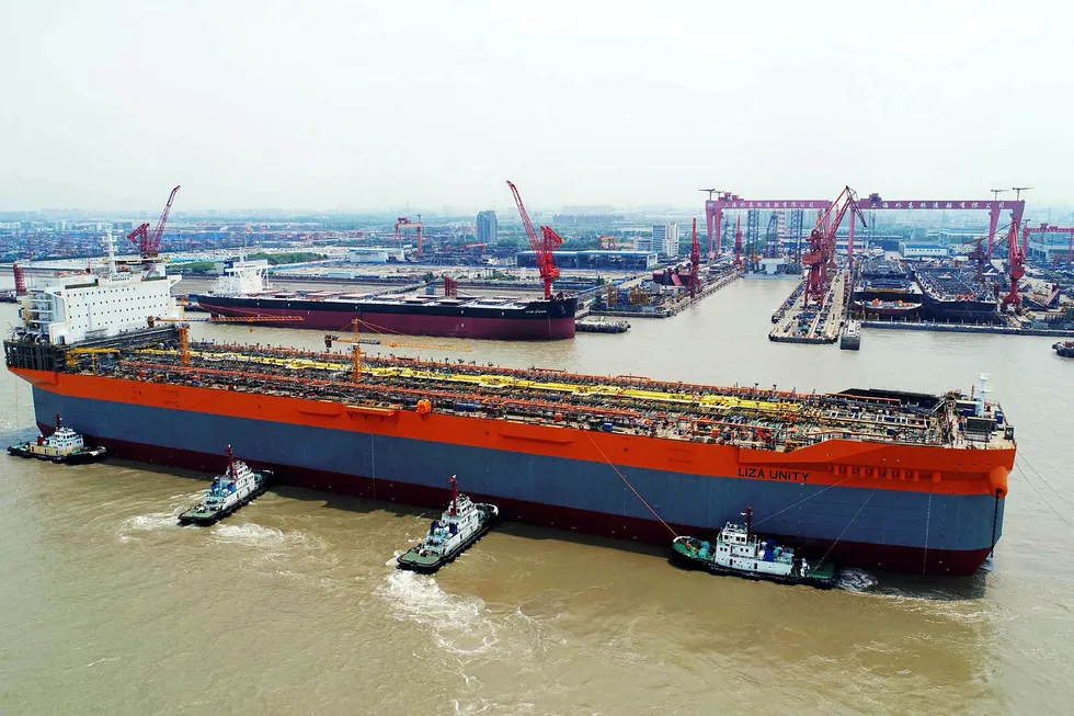 Launched: the hull of SBM's Liza Unity FPSO as it sails away from China's Shanghai Waigaoqiao Shipbuilding yard