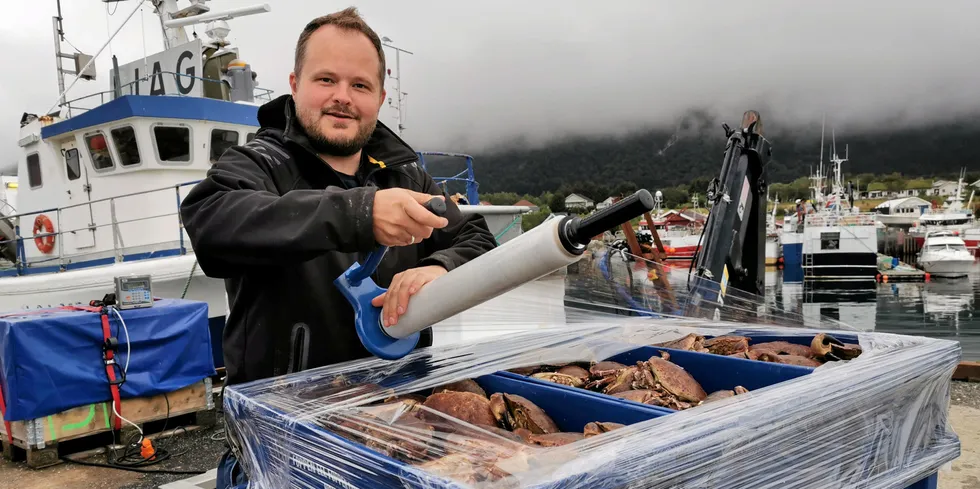 Driftsleder Lasse Brun i Brimo Fiskeforedling pakker inn taskekrabber på kaia på Reipå.