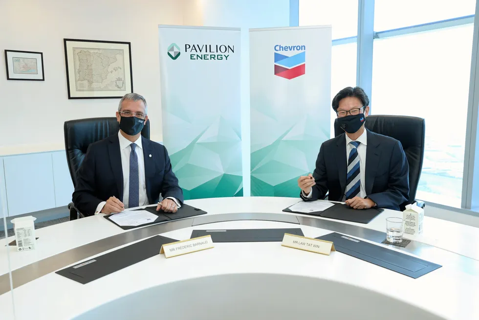 Signing ceremony: Pavilion Energy chief executive Frederic H Barnaud (left) and Chevron Singapore country chairman Law Tat Win (right)