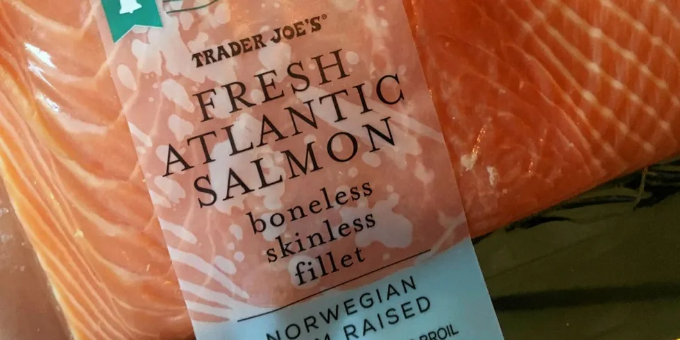 Norwegian fresh farmed Atlantic salmon fillet on the shelf at US retailer Trader Joe's. Trump's travel ban from EU to the US will have a short-term impact on farmed salmon prices, but just how much remains unclear.
