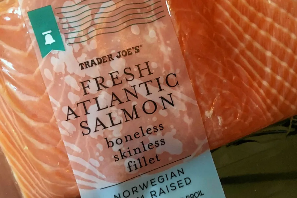 Norwegian fresh farmed Atlantic salmon fillet on the shelf at US retailer Trader Joe's. Trump's travel ban from EU to the US will have a short-term impact on farmed salmon prices, but just how much remains unclear.