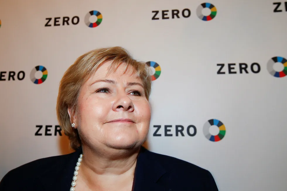 Erna Solberg kan smile over god måling. Her fra Zerokonferansen tidligere i uken. Foto: Terje Pedersen / NTB scanpix