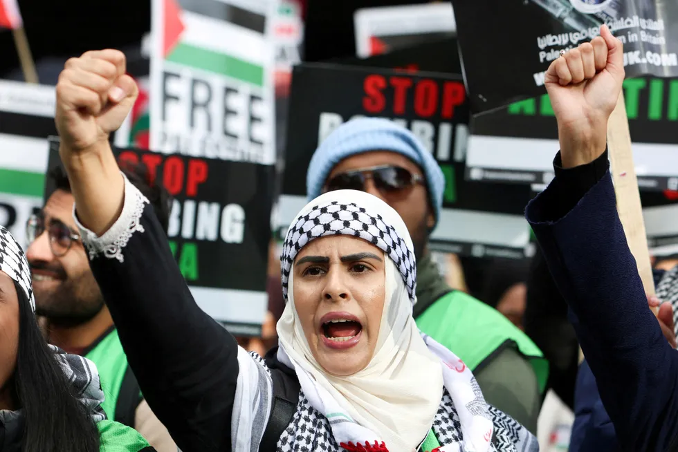 Demonstranter mot Israels Gaza-krigføring har fylt Europas gater. Her i London 28. oktober.
